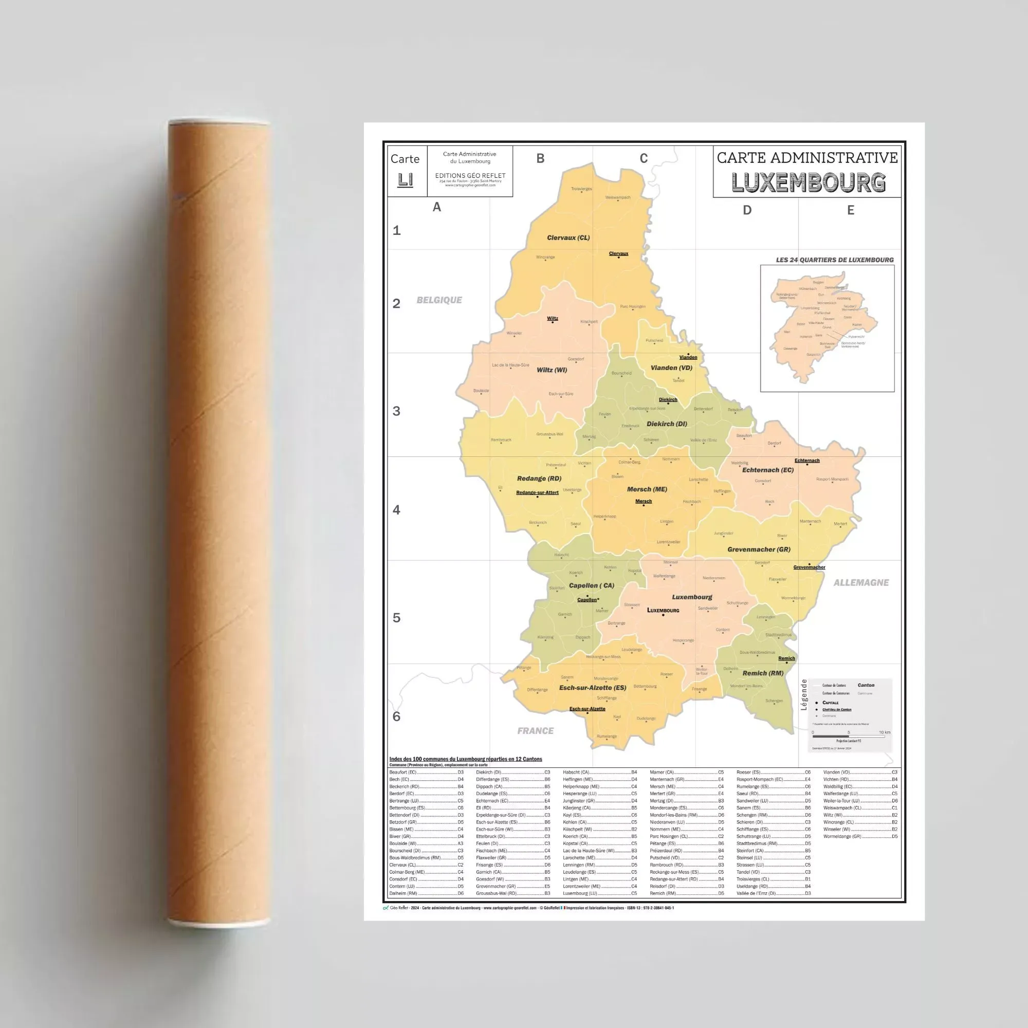 Carte du Luxembourg, Cantons et Villes – Poster plastifié 100×70 cm – Image 3